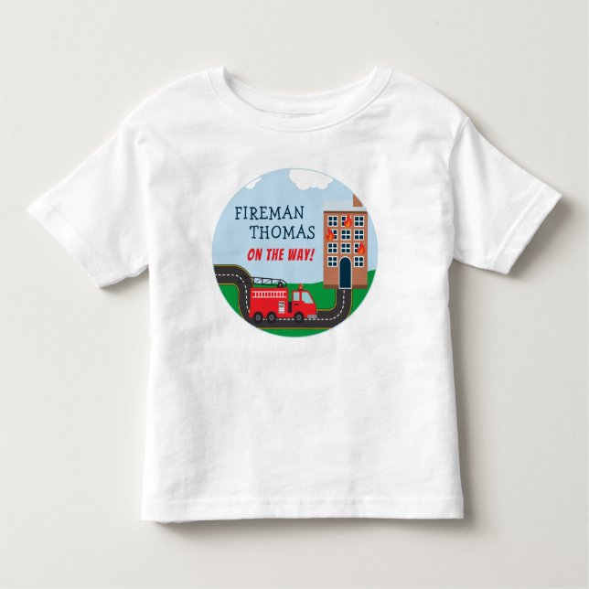 Fireman and Fire Truck with First Name Little Boy Toddler T-Shirt (Front)