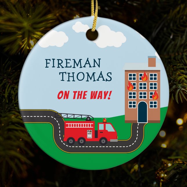 Fireman and Fire Truck with Name Boy Christmas Ceramic Ornament (Creator Uploaded)