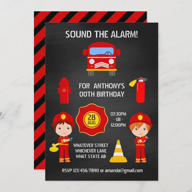 Fireman Birthday Chalkboard invitation (Front/Back)
