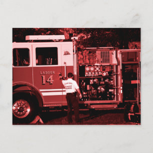 fireman entering truck burgundy coloured postcard