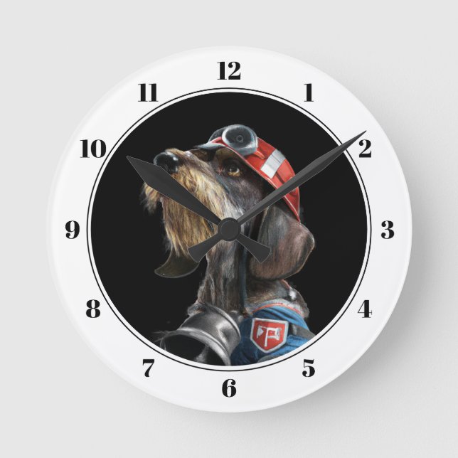 Fireman Fire Chief Wire-Hair Dachshund Dog Round C Round Clock (Front)