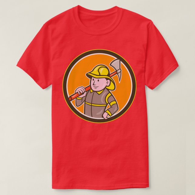 Fireman Firefighter Axe Circle Cartoon T-Shirt (Design Front)