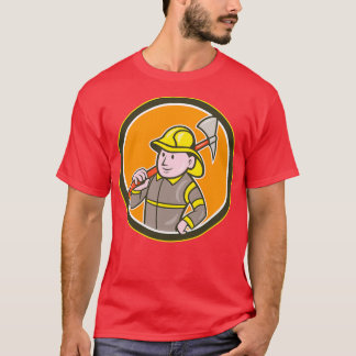 Fireman Firefighter Axe Circle Cartoon T-Shirt