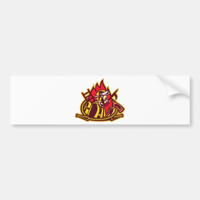 fireman firefighter fighting fire retro bumper sticker (Front)