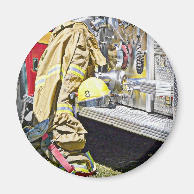 Fireman Firefighting Suit and Truck Magnet (Front)