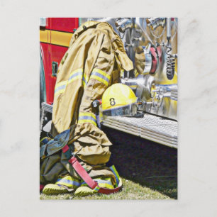 Fireman Firefighting Suit and Truck Postcard
