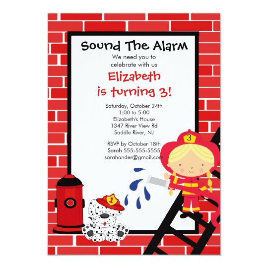 Fireman girl Firetruck Birthday Party Card
