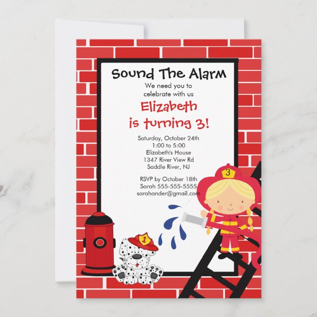 Fireman girl Firetruck Birthday Party Invitation (Front)