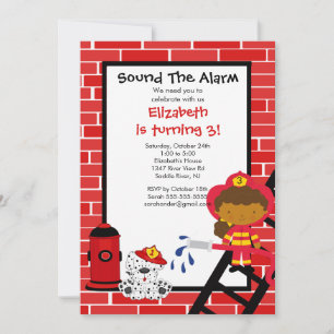 Fireman girl Firetruck Birthday Party Invitation