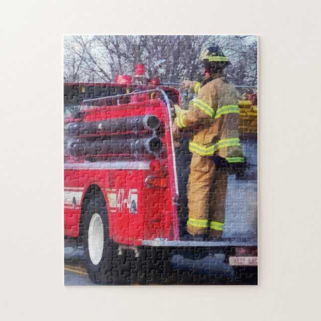 Fireman On Back Of Fire Truck Jigsaw Puzzle (Vertical)