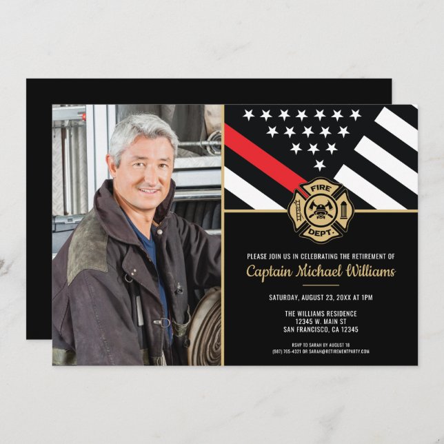 Fireman Photo Red Line Flag Firefighter Retirement Invitation (Front/Back)