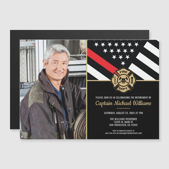 Fireman Photo Red Line Flag Firefighter Retirement Magnetic Invitation (Front/Back)