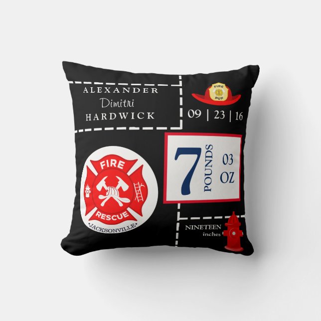 Fireman Rescue Fire Boy's Birth Stats Keepsake Cushion (Front)
