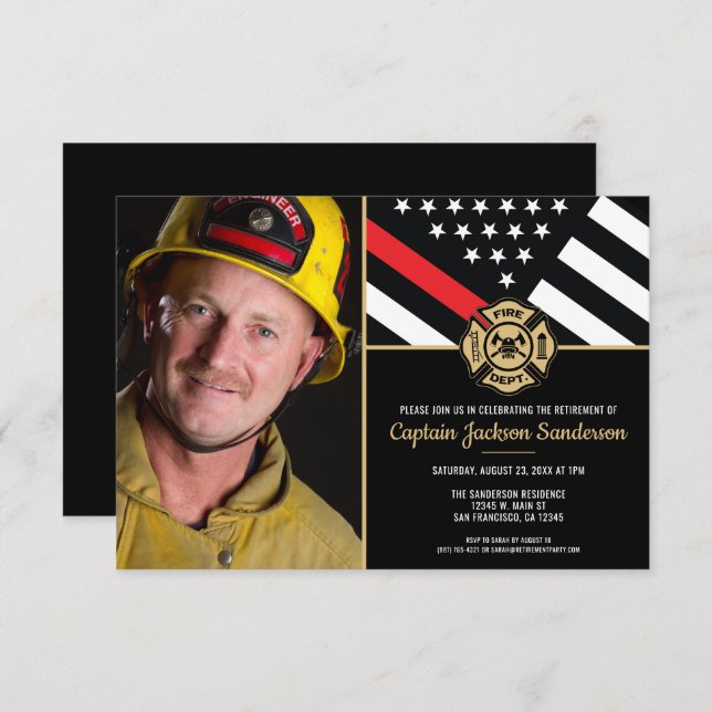 Fireman Thin Red Firefighter Photo Retirement Invitation (Front/Back)