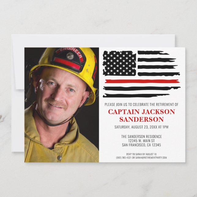 Fireman Thin Red Firefighter Photo Retirement Invitation (Front)