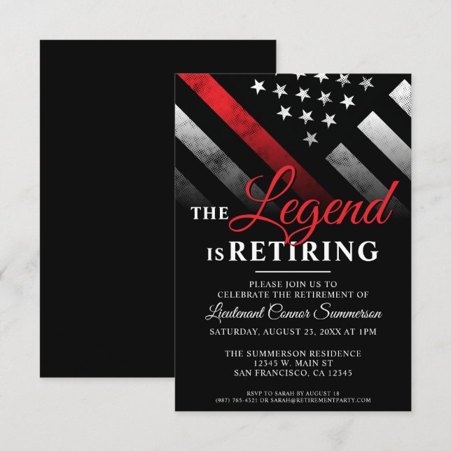 Fireman Thin Red Line Firefighter Retirement Party Invitation (Front/Back)