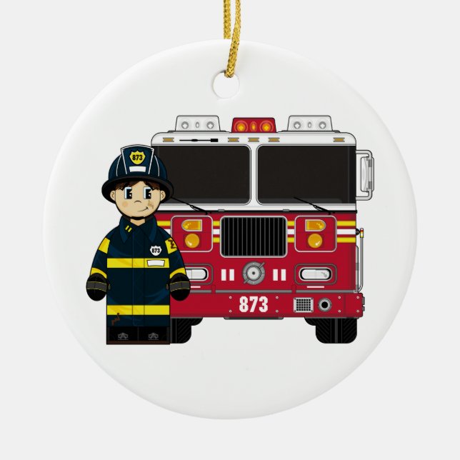 Fireman with Fire Engine Ornament (Front)