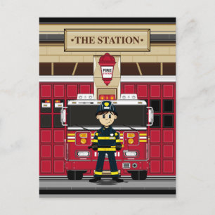 Fireman with Fire Engine Postcard