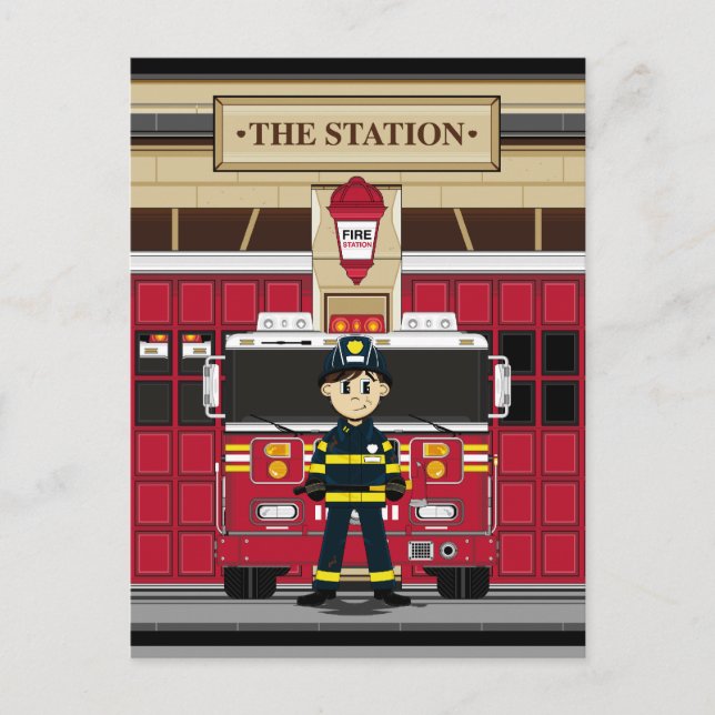 Fireman with Fire Engine Postcard (Front)