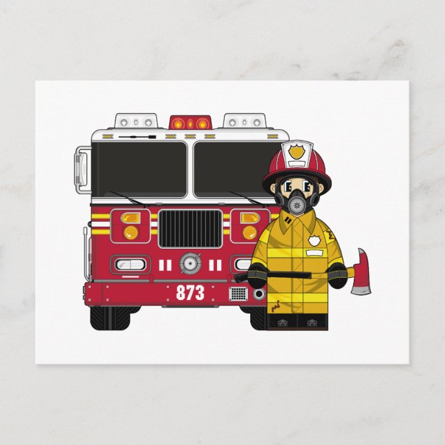 Fireman with Fire Engine Postcard (Front)