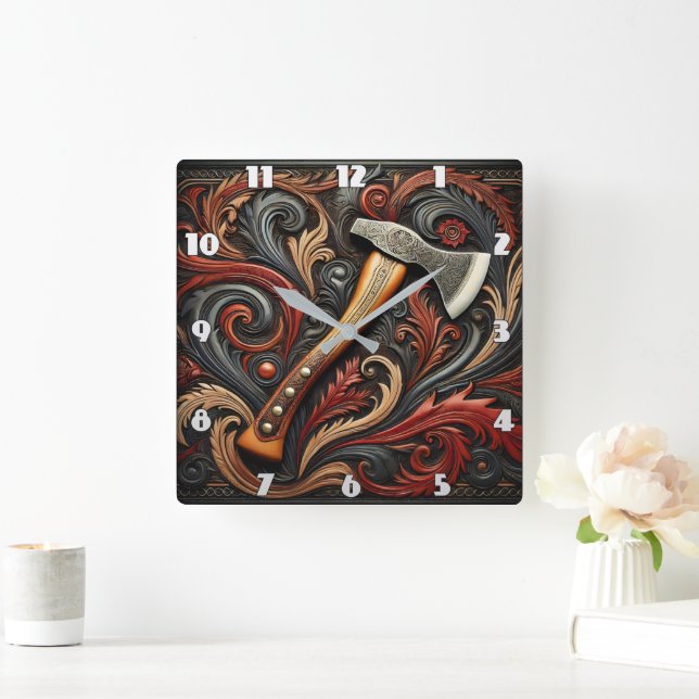 Fireman's Axe Among Ornate Patterns Square Wall Clock (Home)