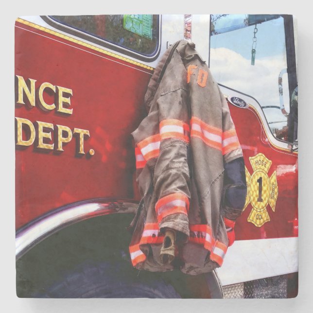 Fireman's Jacket On Fire Truck Stone Coaster (Front)