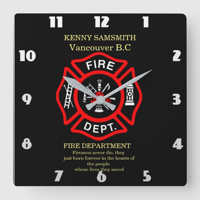 Firemen never die square wall clock (Front)
