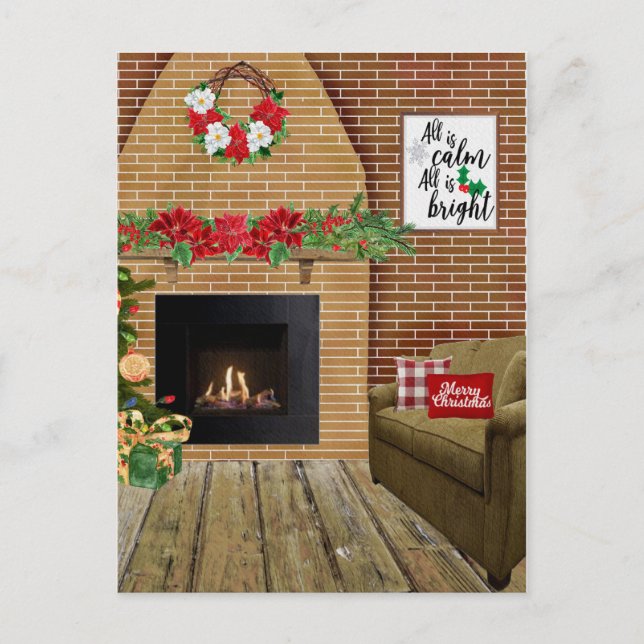 Fireplace All Is Calm All Is Bright Christmas Holiday Postcard (Front)