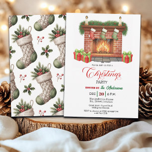 Fireplace and Christmas Stockings Christmas Party Invitation