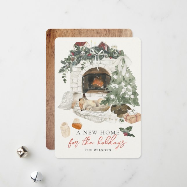 Fireplace Christmas Tree Fox New Home Photo Holiday Card (Front/Back In Situ)
