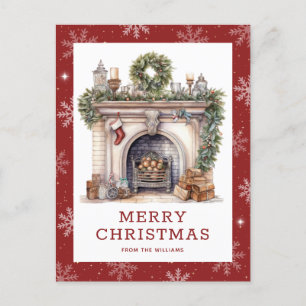 Fireplace Christmas Wreath Garland Snowflake Red Holiday Postcard