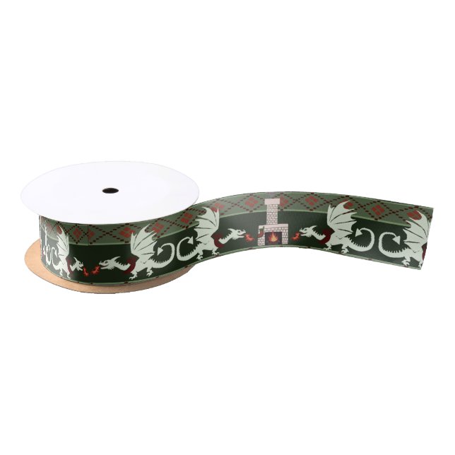 Fireplace Dragons Christmas pattern Satin Ribbon (Spool)