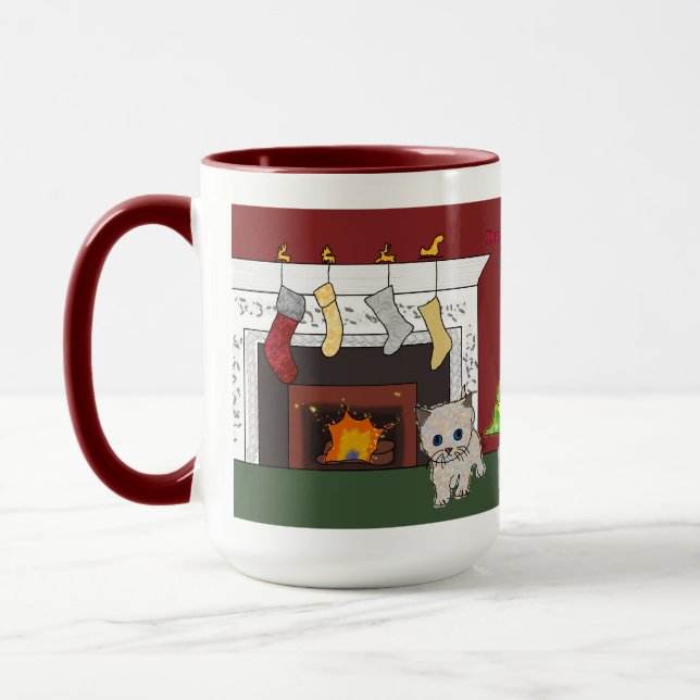 Fireplace kitten Christmas mug dream big (Left)