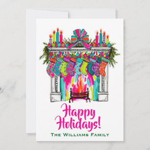 Fireplace Stockings Happy Holidays Boho Cute Pink Holiday Card