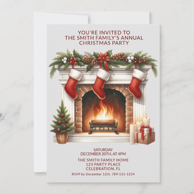 Fireplace Stockings Presents Red Party Invitation (Front)