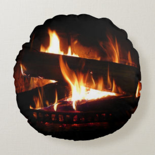 Fireplace Warm Winter Scene Photography Round Cushion