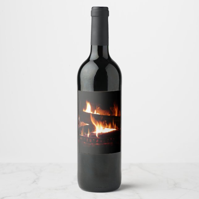 Fireplace Warm Winter Scene Photography Wine Label (Front)