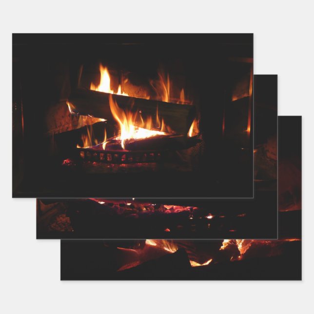 Fireplace Warm Winter Scene Photography Wrapping Paper Sheet (Set)