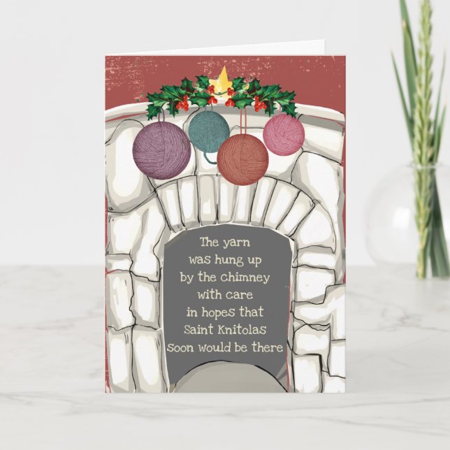 Fireplace yarn funny knitter knitting Christmas Holiday Card (Front)