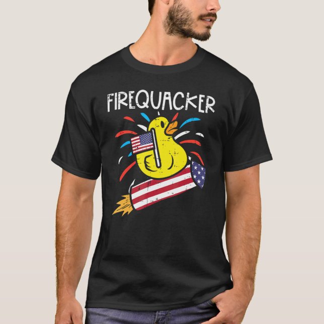 Firequacker Duck On Firecracker  4th Of July Patri T-Shirt (Front)