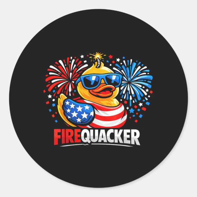 Firequacker Funny 4th Of July Patriotic Duck Classic Round Sticker (Front)