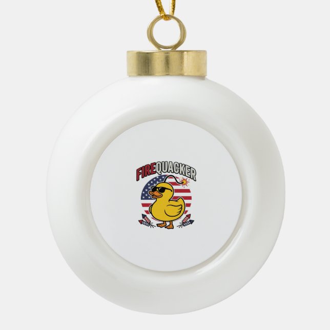 Firequacker Patriotic Duck Fireworks Vector Design Ceramic Ball Christmas Ornament (Front)
