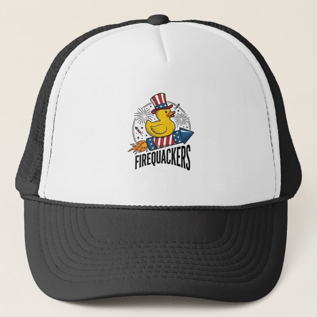Firequackers Patriotic Duck Firework Shirt Design_ Trucker Hat (Front)