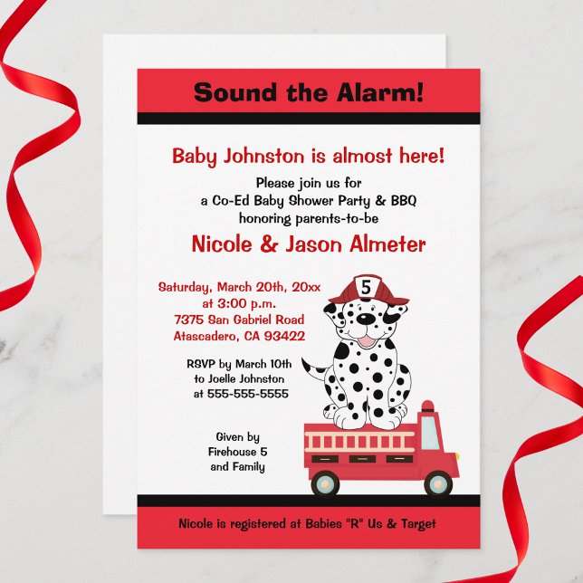 Firetruck and Dalmatian Engine 27 Baby Shower Invitation (Firetruck Fire Engine Baby Shower Invitation with Dalmatian)