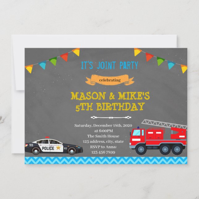 Firetruck and police joint party Invitation (Front)