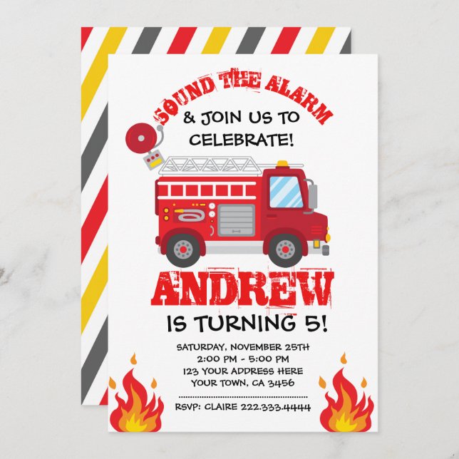 Firetruck Birthday Invitation, Firefighter Invites (Front/Back)
