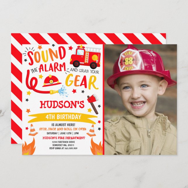 Firetruck Birthday Invitation Fireman Party (Front/Back)
