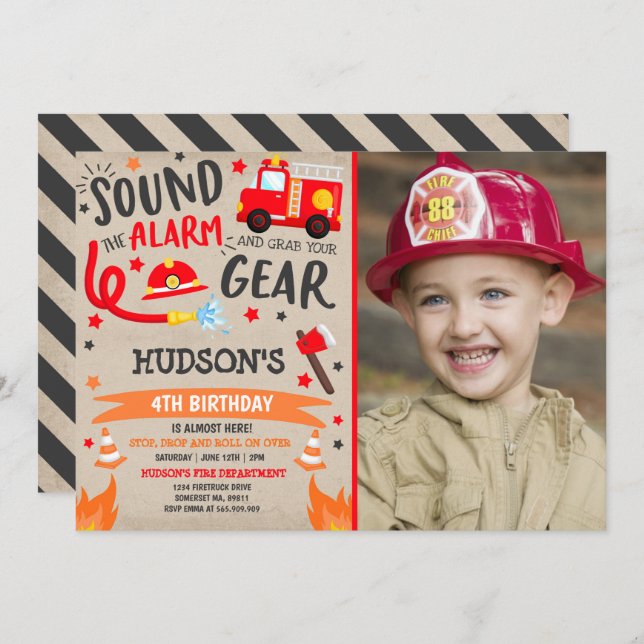 Firetruck Birthday Invitation Fireman Party (Front/Back)