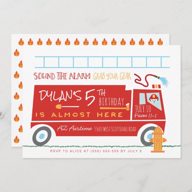Firetruck Birthday Party Invitation (Front/Back)