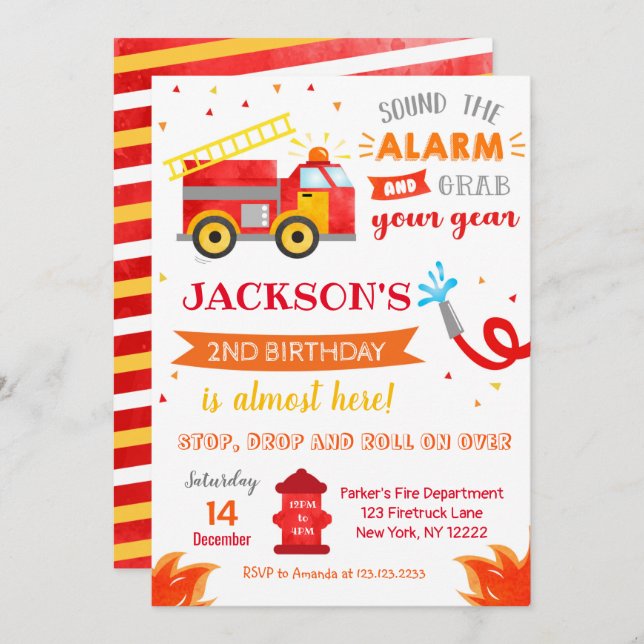 Firetruck Birthday Party invitations (Front/Back)